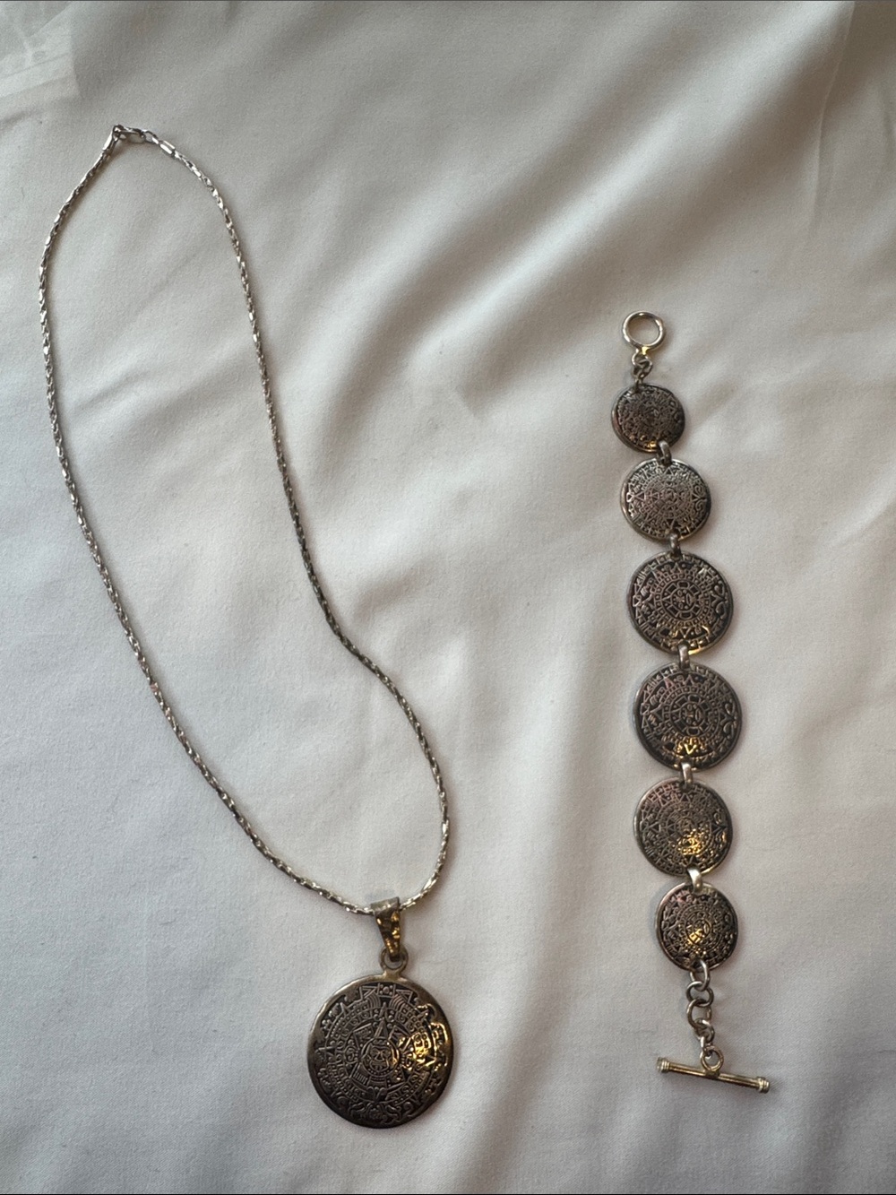 Vintage Mexican Aztec Calendar Bracelet and Necklace 925 Sterling Silver